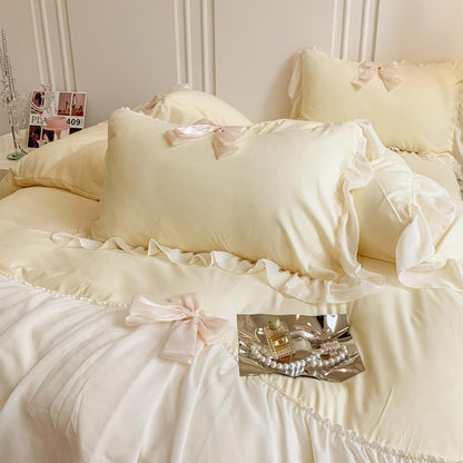 Ruffled Bedding Bow Duvet Cover Set with Butterfly Tie, Full Comforter Cover Set, Shabby Chic Bedding Set,Romantic French Princess Style -Yellow,Full