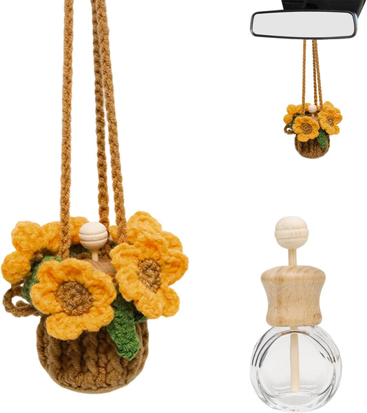 Cute Sunflower Handmade Crochet Car Mirror Hanging Accessories | with 15ml Empty Refillable Oil Diffuser Bottle, Cute Sunflower Car Accessories for Rearview Mirror Decor, Home & Office Decor