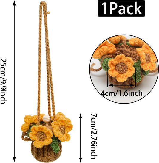 Cute Sunflower Handmade Crochet Car Mirror Hanging Accessories | with 15ml Empty Refillable Oil Diffuser Bottle, Cute Sunflower Car Accessories for Rearview Mirror Decor, Home & Office Decor