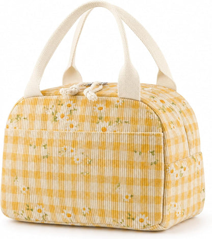 Yellow Daisy Lunch Bag Cute Corduroy Insulated Lunch Box for Women Coquette Tote Bag Reusable Large Capacity Cooler Containers Preppy Stuff Gifts for Picnics Travel Outdoor