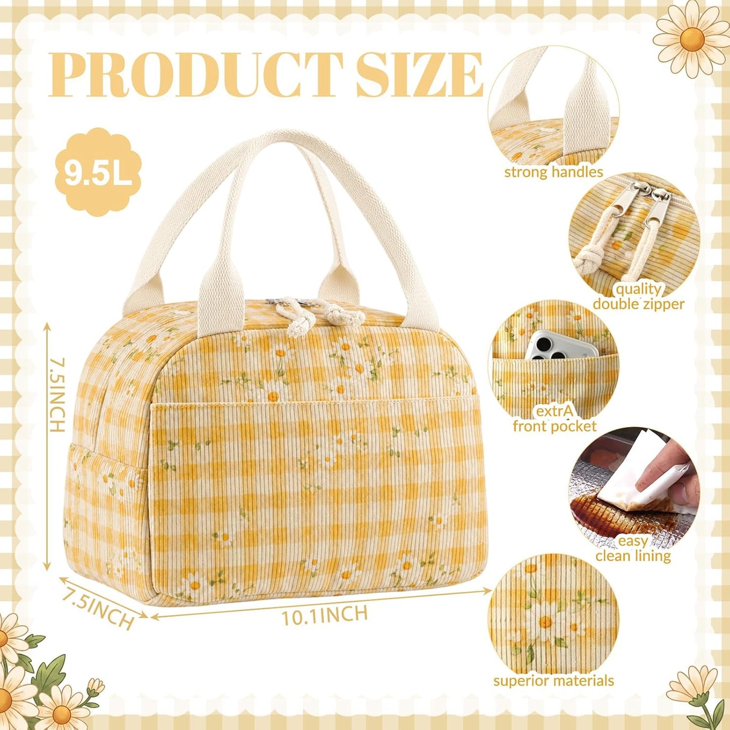 Yellow Daisy Lunch Bag Cute Corduroy Insulated Lunch Box for Women Coquette Tote Bag Reusable Large Capacity Cooler Containers Preppy Stuff Gifts for Picnics Travel Outdoor