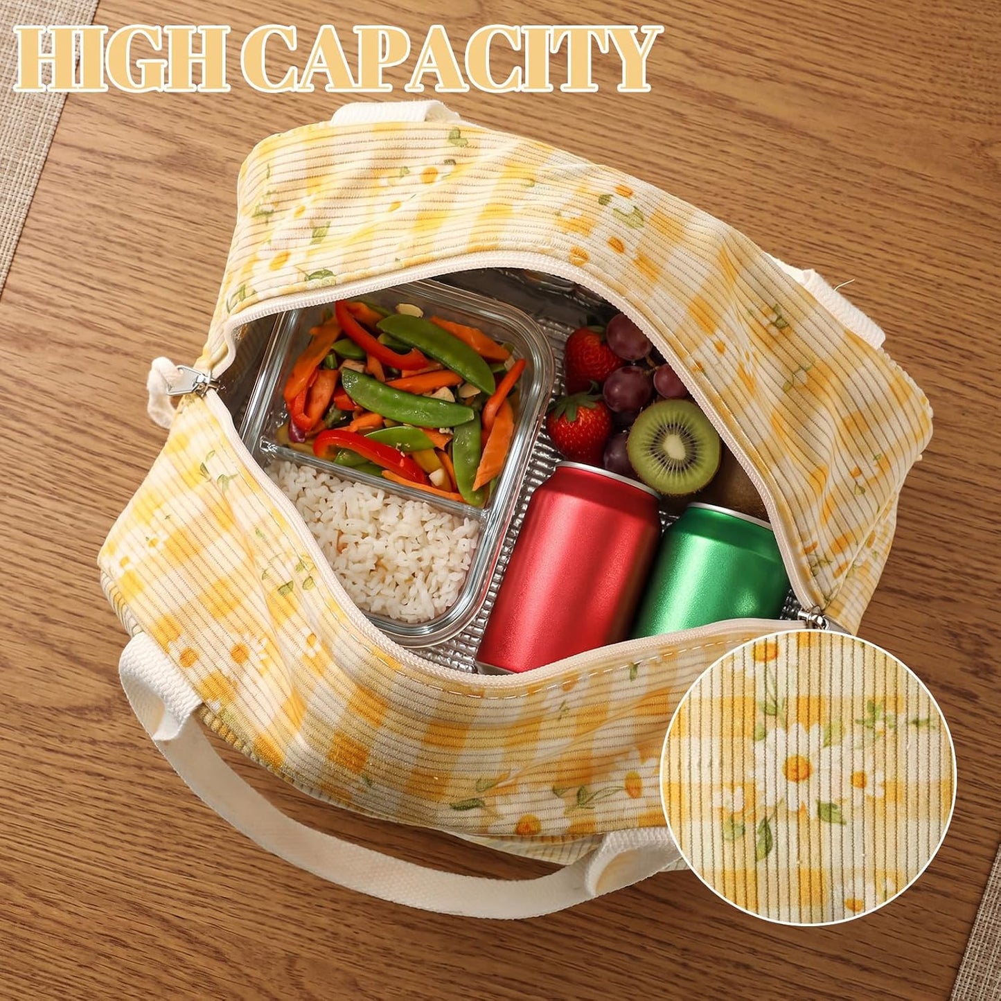 Yellow Daisy Lunch Bag Cute Corduroy Insulated Lunch Box for Women Coquette Tote Bag Reusable Large Capacity Cooler Containers Preppy Stuff Gifts for Picnics Travel Outdoor