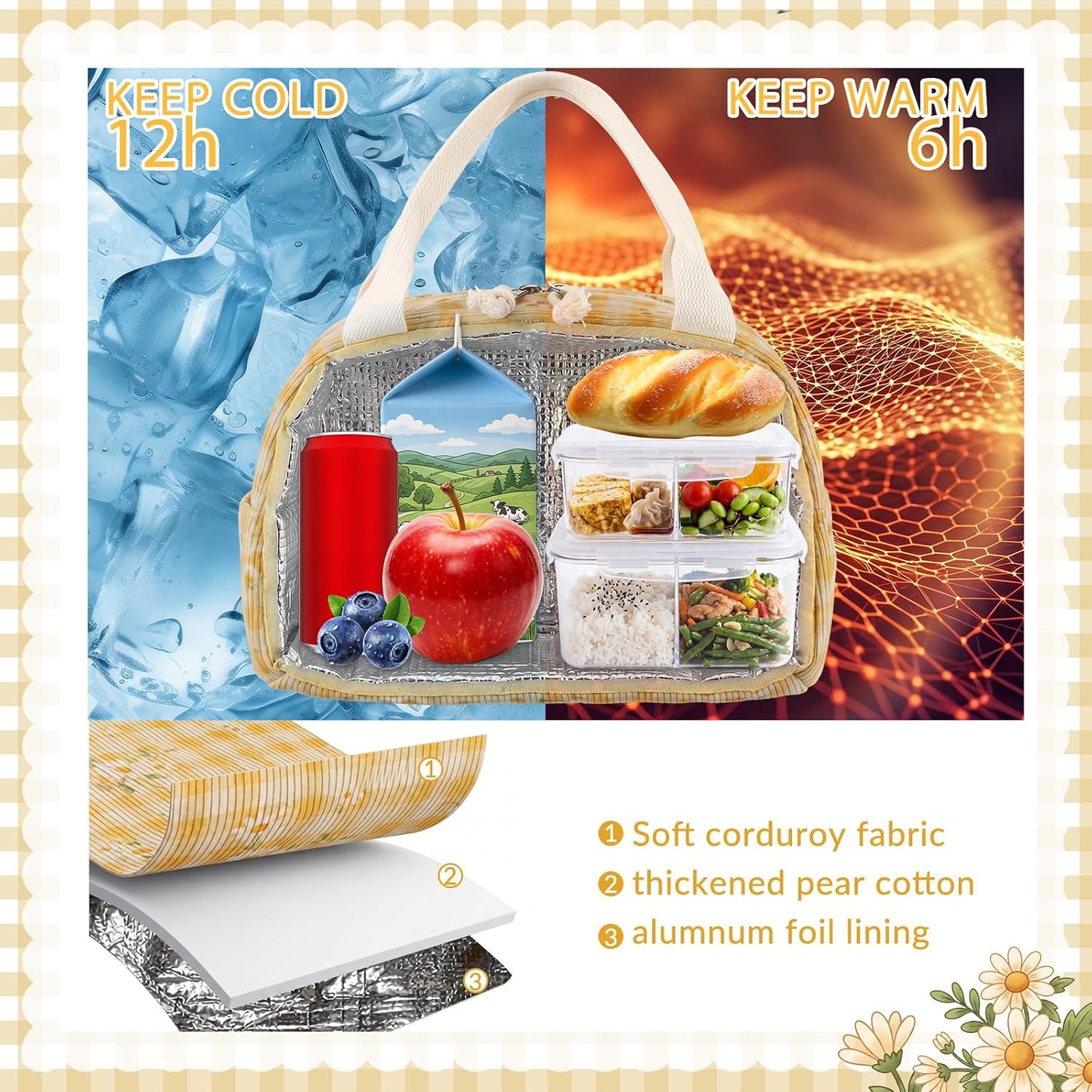 Yellow Daisy Lunch Bag Cute Corduroy Insulated Lunch Box for Women Coquette Tote Bag Reusable Large Capacity Cooler Containers Preppy Stuff Gifts for Picnics Travel Outdoor