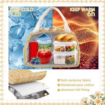Yellow Daisy Lunch Bag Cute Corduroy Insulated Lunch Box for Women Coquette Tote Bag Reusable Large Capacity Cooler Containers Preppy Stuff Gifts for Picnics Travel Outdoor