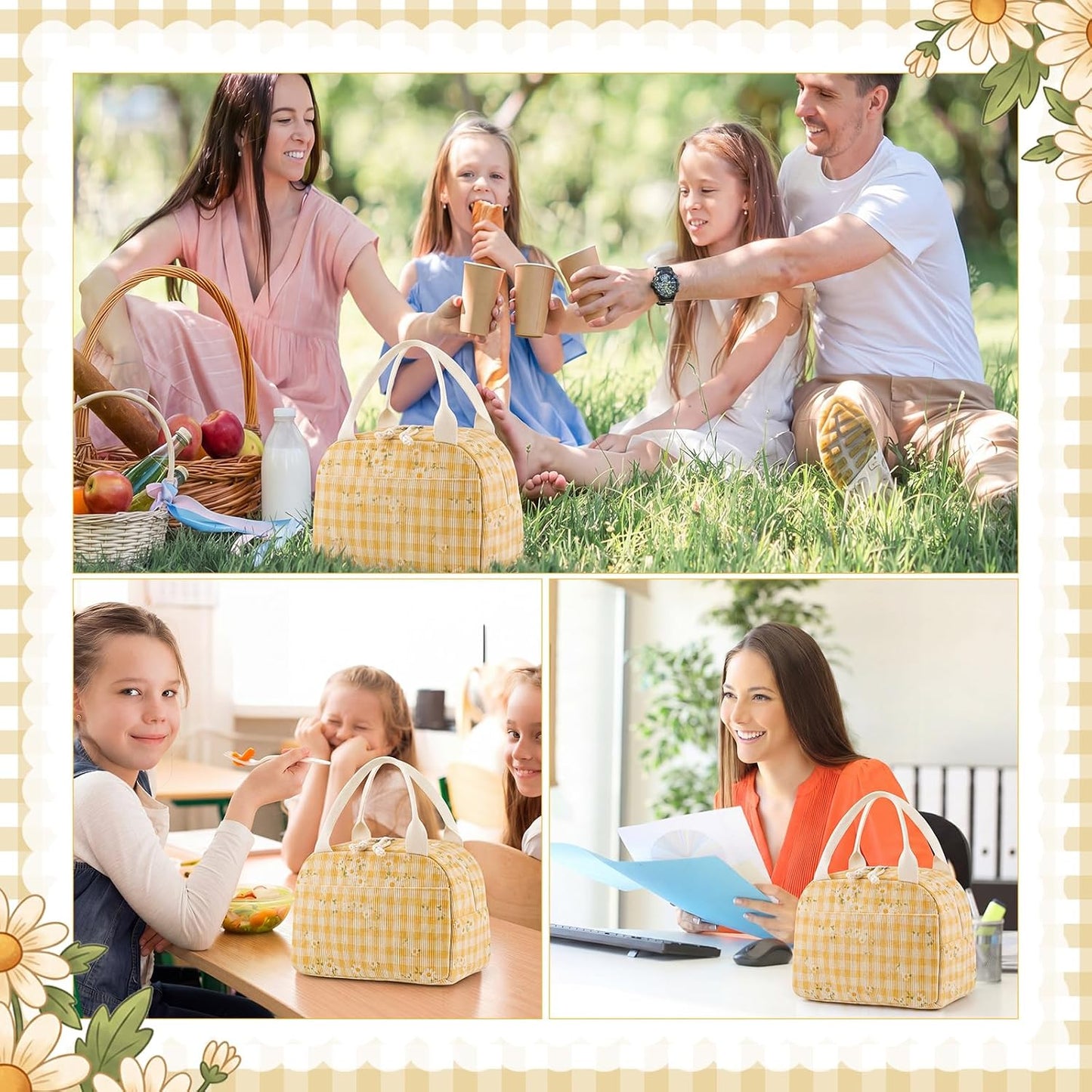 Yellow Daisy Lunch Bag Cute Corduroy Insulated Lunch Box for Women Coquette Tote Bag Reusable Large Capacity Cooler Containers Preppy Stuff Gifts for Picnics Travel Outdoor