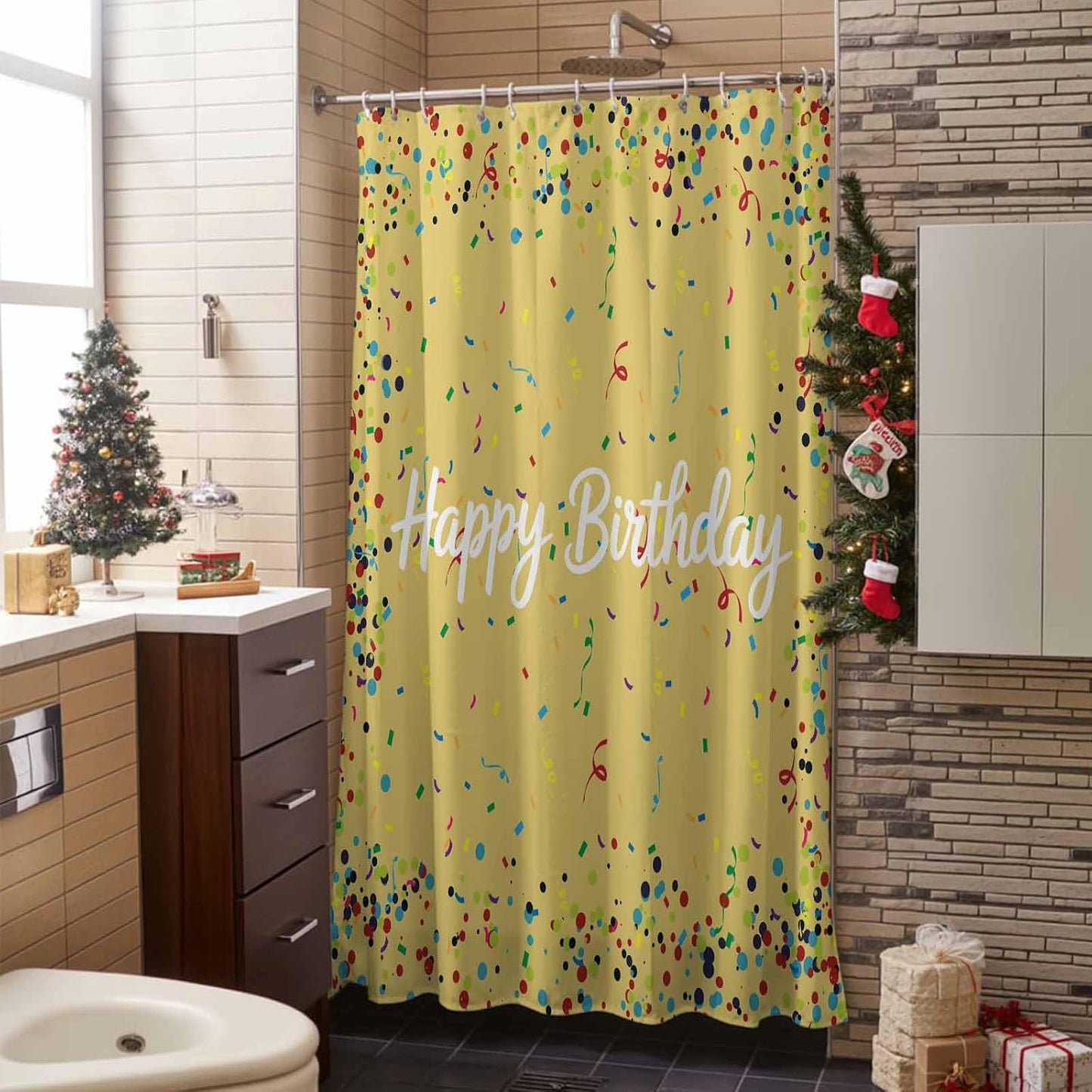 Shower Curtains, Yellow Birthday Fabric Shower Curtains for Bathroom, Colorful Confetti Ribbons Polka Dots Classroom Waterproof Bathtub Curtain with 12 Hooks 60" x 72"