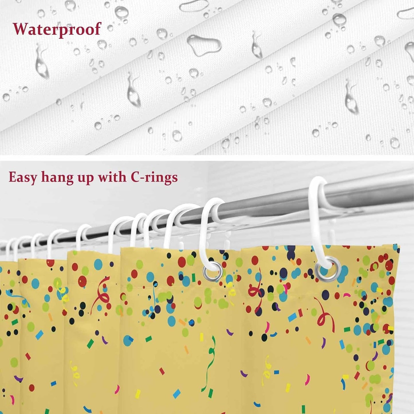 Shower Curtains, Yellow Birthday Fabric Shower Curtains for Bathroom, Colorful Confetti Ribbons Polka Dots Classroom Waterproof Bathtub Curtain with 12 Hooks 60" x 72"