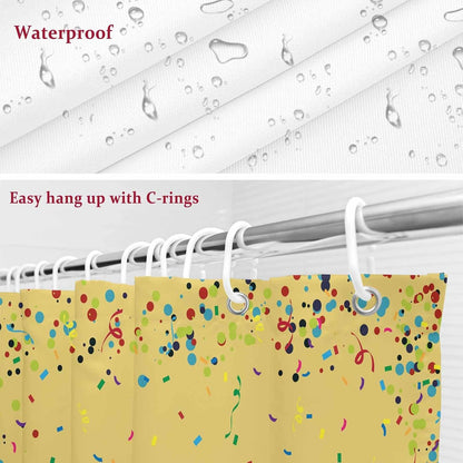 Shower Curtains, Yellow Birthday Fabric Shower Curtains for Bathroom, Colorful Confetti Ribbons Polka Dots Classroom Waterproof Bathtub Curtain with 12 Hooks 60" x 72"