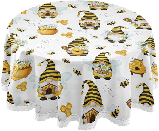 Spring Gnomes Bee Round Tablecloth 60" Yellow Honey Flowers Dwarf Tablecloths with Lace Washable Stain Resistant Tablecover for Kitchen Dining Holiday Home Party Decor