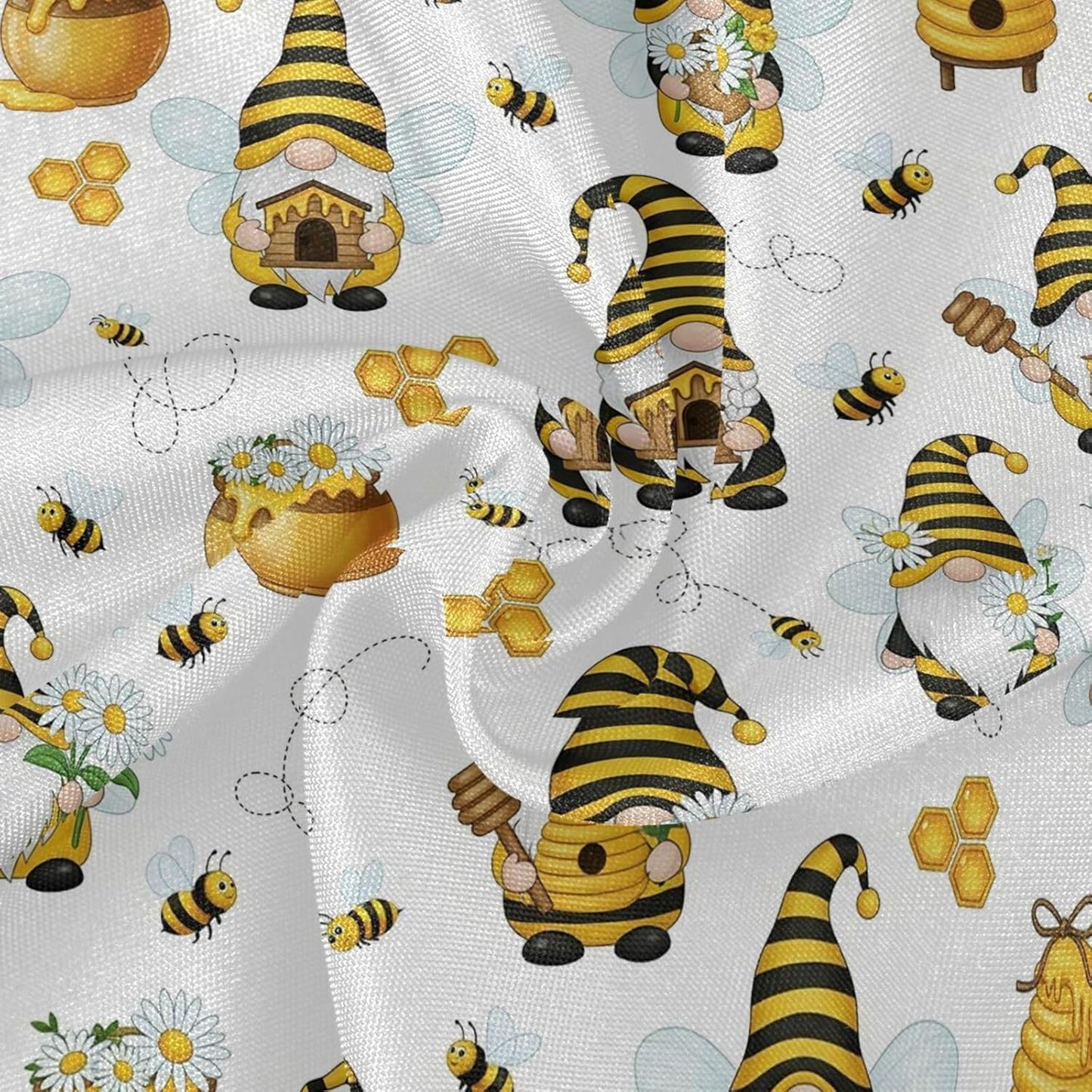 Spring Gnomes Bee Round Tablecloth 60" Yellow Honey Flowers Dwarf Tablecloths with Lace Washable Stain Resistant Tablecover for Kitchen Dining Holiday Home Party Decor
