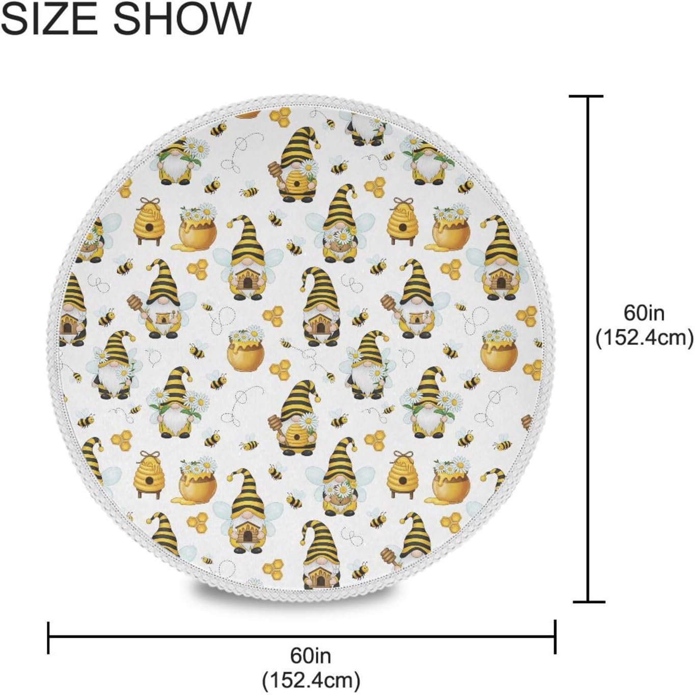Spring Gnomes Bee Round Tablecloth 60" Yellow Honey Flowers Dwarf Tablecloths with Lace Washable Stain Resistant Tablecover for Kitchen Dining Holiday Home Party Decor