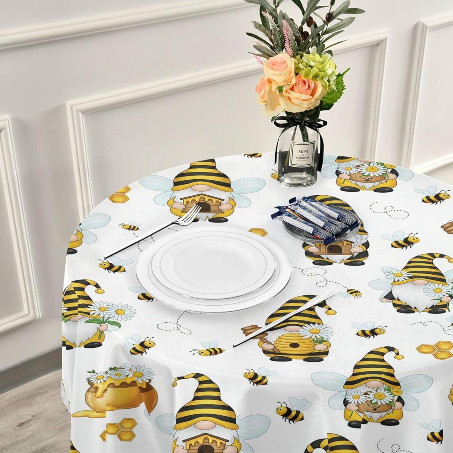 Spring Gnomes Bee Round Tablecloth 60" Yellow Honey Flowers Dwarf Tablecloths with Lace Washable Stain Resistant Tablecover for Kitchen Dining Holiday Home Party Decor