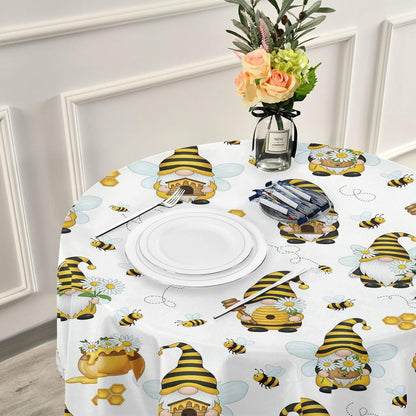 Spring Gnomes Bee Round Tablecloth 60" Yellow Honey Flowers Dwarf Tablecloths with Lace Washable Stain Resistant Tablecover for Kitchen Dining Holiday Home Party Decor