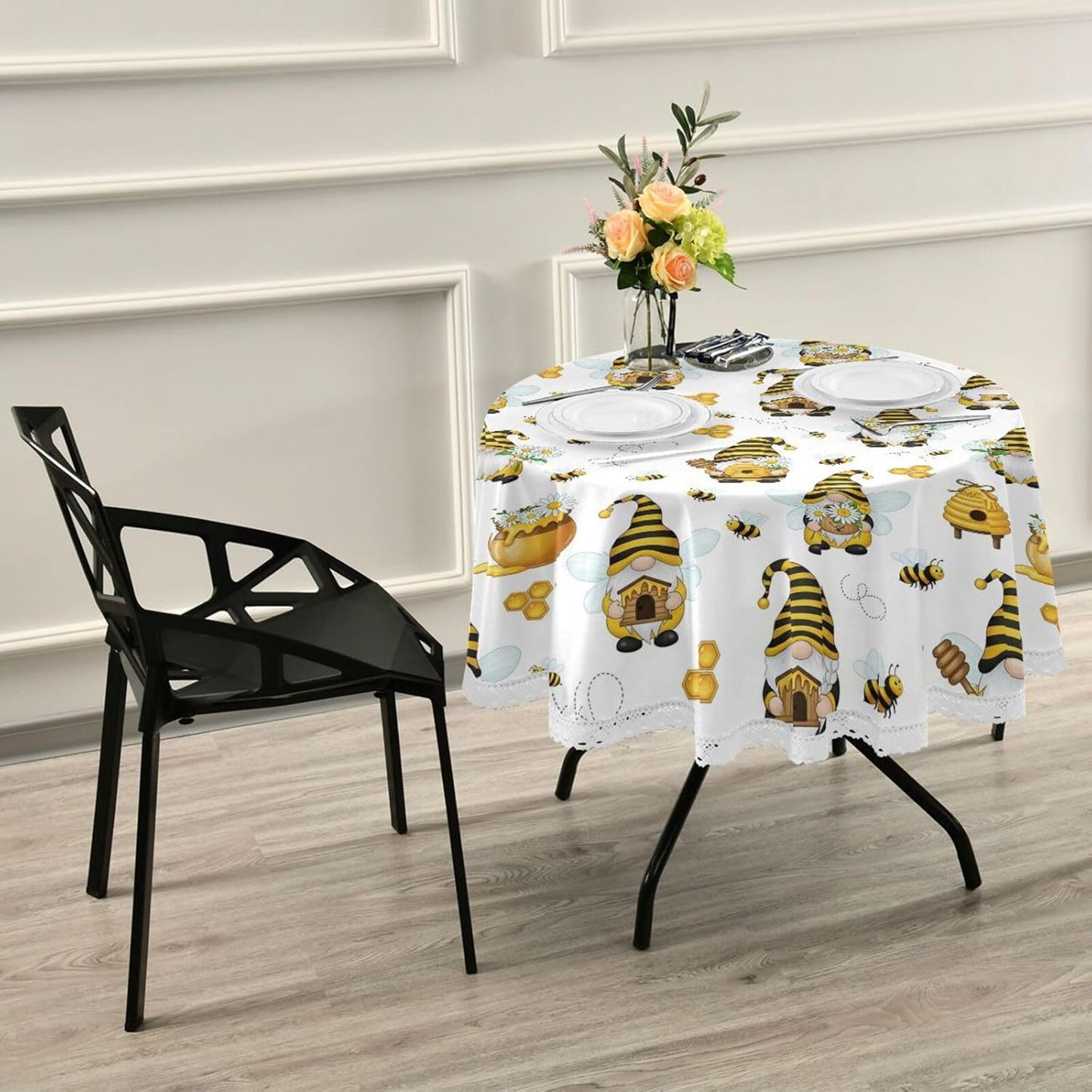 Spring Gnomes Bee Round Tablecloth 60" Yellow Honey Flowers Dwarf Tablecloths with Lace Washable Stain Resistant Tablecover for Kitchen Dining Holiday Home Party Decor