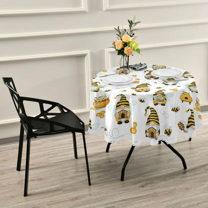 Spring Gnomes Bee Round Tablecloth 60" Yellow Honey Flowers Dwarf Tablecloths with Lace Washable Stain Resistant Tablecover for Kitchen Dining Holiday Home Party Decor