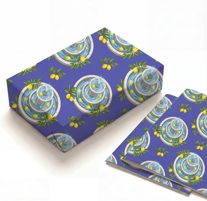 Mediterranean Fountain Lemon Paper, 2 Sheets, 19.6 x 27.5 in | 120gsm paper with mediterranean fountain lemon style for birthdays, bridal showers, garden parties, summer gifts and women
