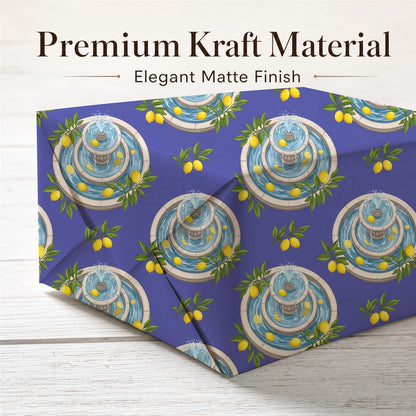 Mediterranean Fountain Lemon Paper, 2 Sheets, 19.6 x 27.5 in | 120gsm paper with mediterranean fountain lemon style for birthdays, bridal showers, garden parties, summer gifts and women