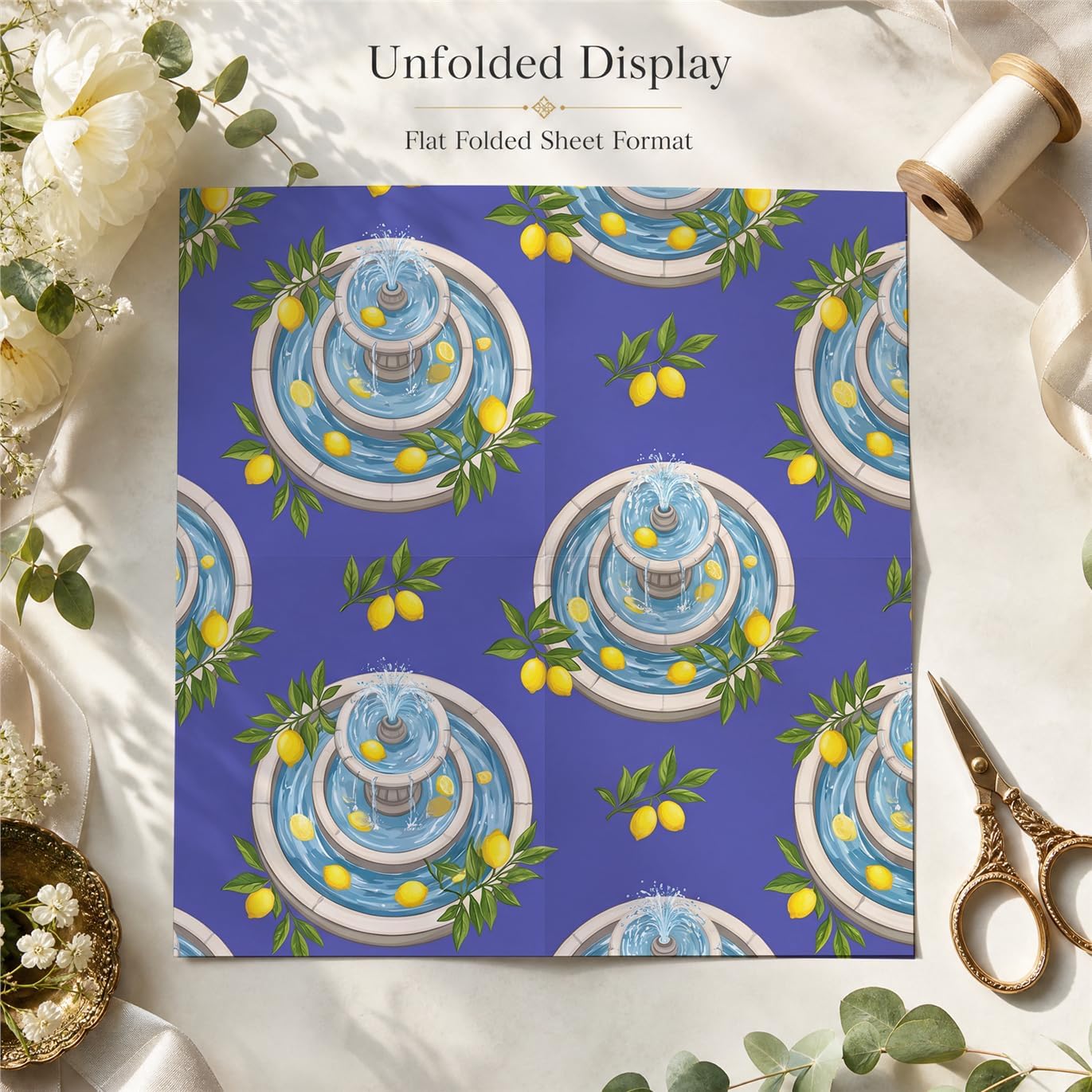 Mediterranean Fountain Lemon Paper, 2 Sheets, 19.6 x 27.5 in | 120gsm paper with mediterranean fountain lemon style for birthdays, bridal showers, garden parties, summer gifts and women