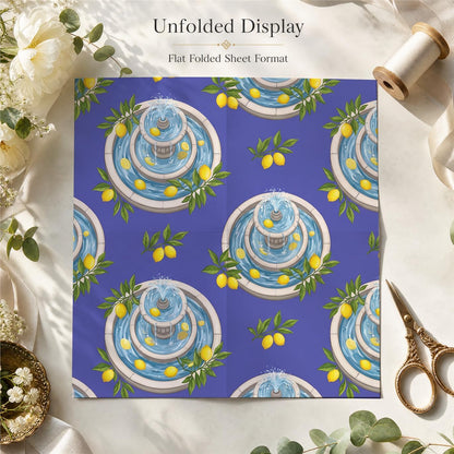 Mediterranean Fountain Lemon Paper, 2 Sheets, 19.6 x 27.5 in | 120gsm paper with mediterranean fountain lemon style for birthdays, bridal showers, garden parties, summer gifts and women