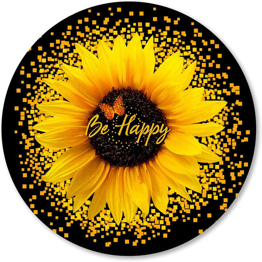 Round Mouse Pad, Sunflower and Butterfly Mouse Pad, Yellow Flower Mouse Mat, Inspirational Quote Be Happy Mousepad, Non-Slip Rubber Base MousePads for Office Laptop Computer, 7.9 x 7.9 Inch