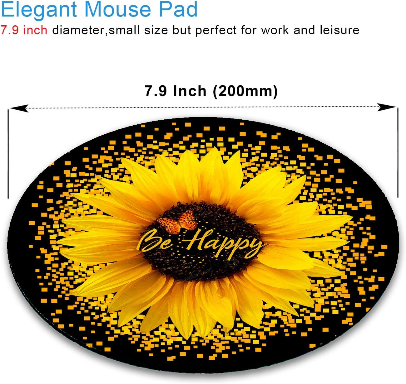 Round Mouse Pad, Sunflower and Butterfly Mouse Pad, Yellow Flower Mouse Mat, Inspirational Quote Be Happy Mousepad, Non-Slip Rubber Base MousePads for Office Laptop Computer, 7.9 x 7.9 Inch