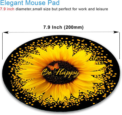 Round Mouse Pad, Sunflower and Butterfly Mouse Pad, Yellow Flower Mouse Mat, Inspirational Quote Be Happy Mousepad, Non-Slip Rubber Base MousePads for Office Laptop Computer, 7.9 x 7.9 Inch