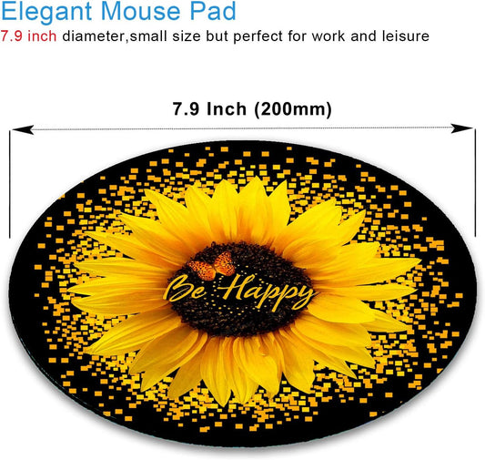 Round Mouse Pad, Sunflower and Butterfly Mouse Pad, Yellow Flower Mouse Mat, Inspirational Quote Be Happy Mousepad, Non-Slip Rubber Base MousePads for Office Laptop Computer, 7.9 x 7.9 Inch