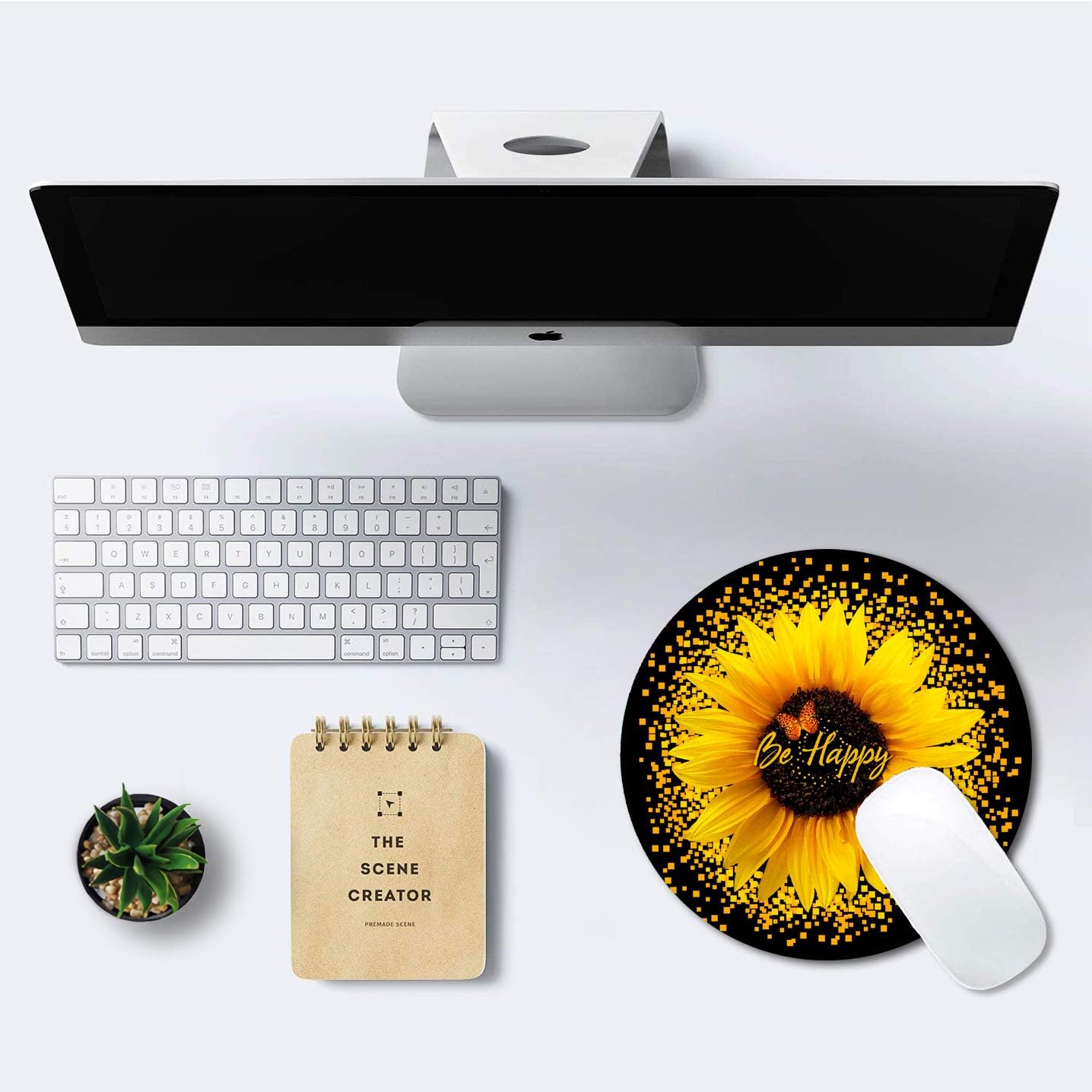 Round Mouse Pad, Sunflower and Butterfly Mouse Pad, Yellow Flower Mouse Mat, Inspirational Quote Be Happy Mousepad, Non-Slip Rubber Base MousePads for Office Laptop Computer, 7.9 x 7.9 Inch