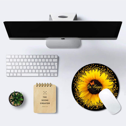 Round Mouse Pad, Sunflower and Butterfly Mouse Pad, Yellow Flower Mouse Mat, Inspirational Quote Be Happy Mousepad, Non-Slip Rubber Base MousePads for Office Laptop Computer, 7.9 x 7.9 Inch