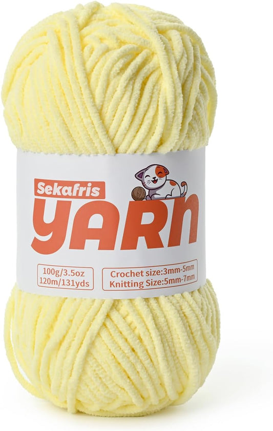 Plush Chunky Chenille Yarn for Crocheting, Soft Fluffy Velvet Yarn for Crocheting, Fuzzy Baby Blanket Knitting Yarns, 100g/131yds Bulky Amigurumi Yarns（Lemon Yellow）