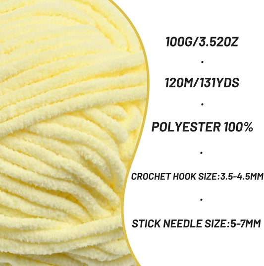 Plush Chunky Chenille Yarn for Crocheting, Soft Fluffy Velvet Yarn for Crocheting, Fuzzy Baby Blanket Knitting Yarns, 100g/131yds Bulky Amigurumi Yarns（Lemon Yellow）
