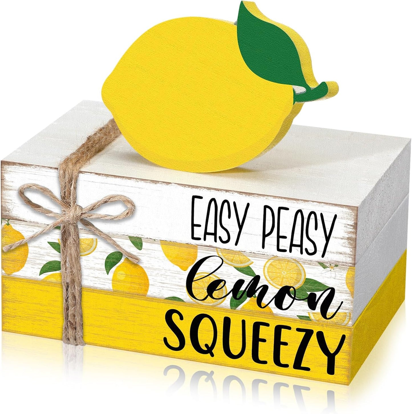 4 Pcs Lemon Book Stack Decor, Wooden Faux Books for Home Table Centerpiece, Lemon-themed Kitchen Tiered Tray Decorations, Rustic Farmhouse Summer Lemon Decor for Living Room & Dining Table