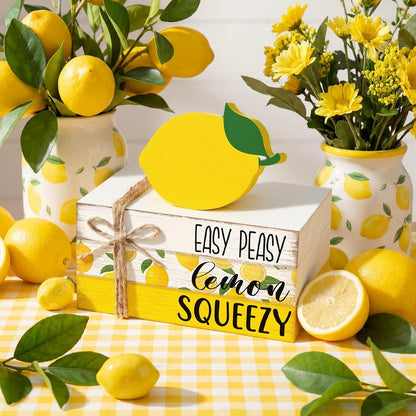 4 Pcs Lemon Book Stack Decor, Wooden Faux Books for Home Table Centerpiece, Lemon-themed Kitchen Tiered Tray Decorations, Rustic Farmhouse Summer Lemon Decor for Living Room & Dining Table