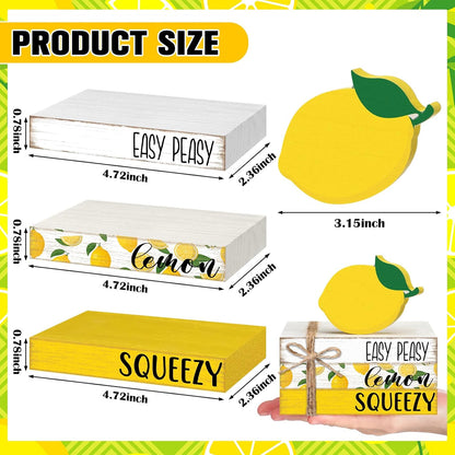 4 Pcs Lemon Book Stack Decor, Wooden Faux Books for Home Table Centerpiece, Lemon-themed Kitchen Tiered Tray Decorations, Rustic Farmhouse Summer Lemon Decor for Living Room & Dining Table