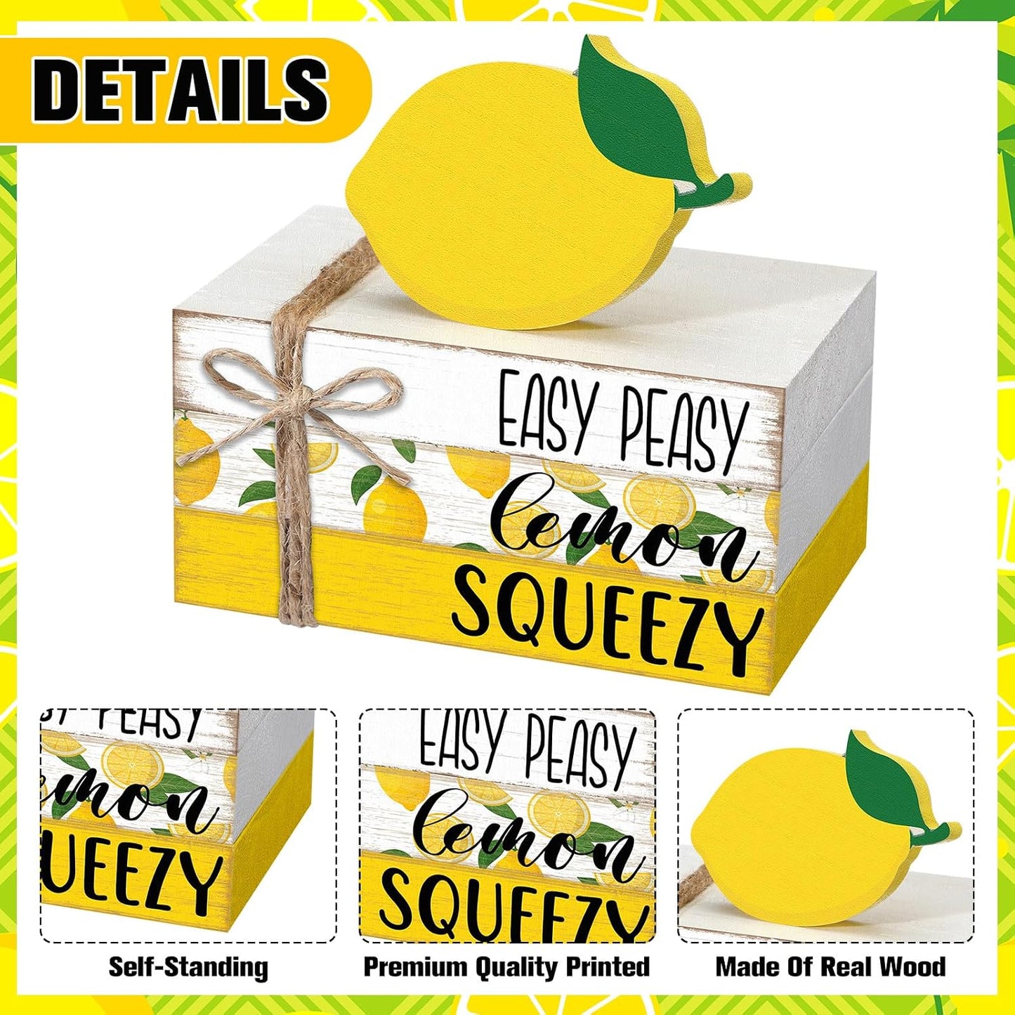 4 Pcs Lemon Book Stack Decor, Wooden Faux Books for Home Table Centerpiece, Lemon-themed Kitchen Tiered Tray Decorations, Rustic Farmhouse Summer Lemon Decor for Living Room & Dining Table