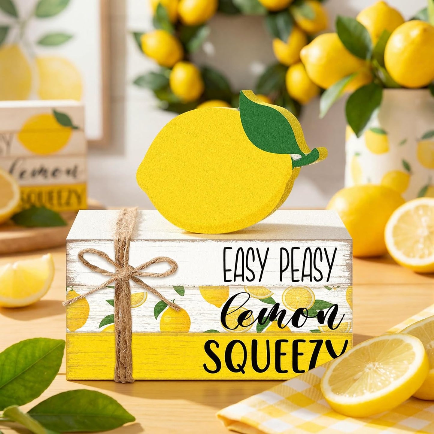 4 Pcs Lemon Book Stack Decor, Wooden Faux Books for Home Table Centerpiece, Lemon-themed Kitchen Tiered Tray Decorations, Rustic Farmhouse Summer Lemon Decor for Living Room & Dining Table