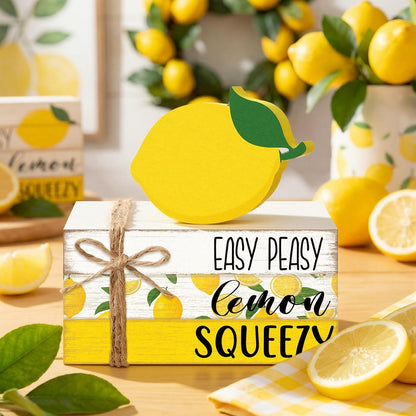4 Pcs Lemon Book Stack Decor, Wooden Faux Books for Home Table Centerpiece, Lemon-themed Kitchen Tiered Tray Decorations, Rustic Farmhouse Summer Lemon Decor for Living Room & Dining Table