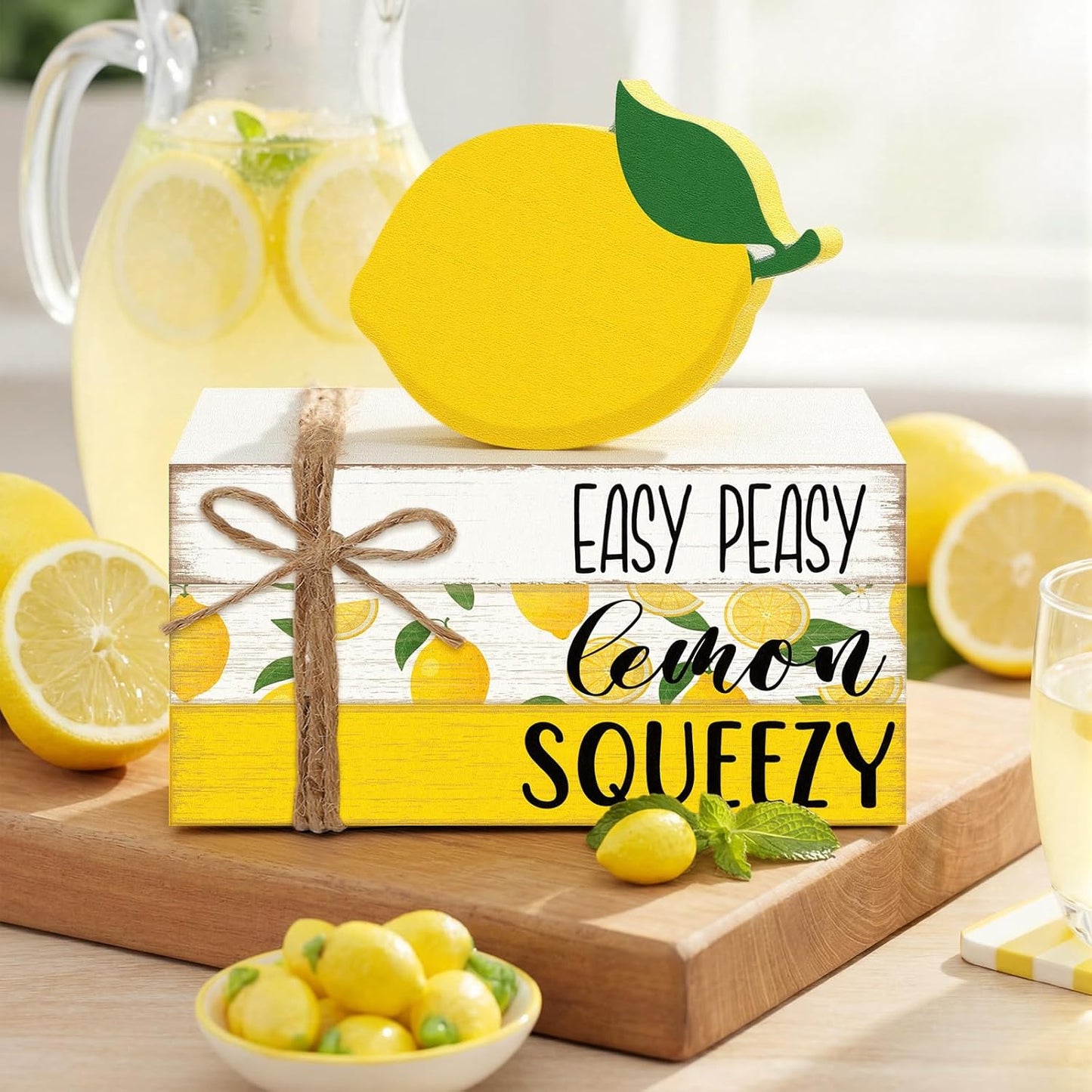 4 Pcs Lemon Book Stack Decor, Wooden Faux Books for Home Table Centerpiece, Lemon-themed Kitchen Tiered Tray Decorations, Rustic Farmhouse Summer Lemon Decor for Living Room & Dining Table