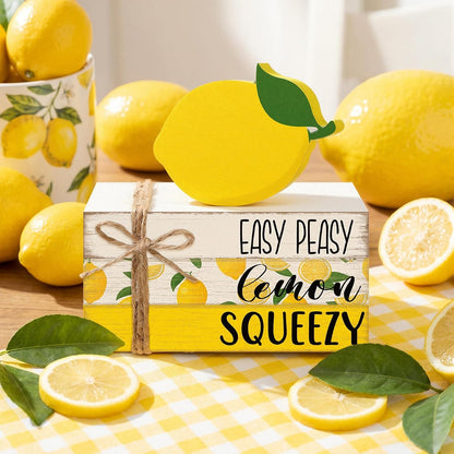 4 Pcs Lemon Book Stack Decor, Wooden Faux Books for Home Table Centerpiece, Lemon-themed Kitchen Tiered Tray Decorations, Rustic Farmhouse Summer Lemon Decor for Living Room & Dining Table