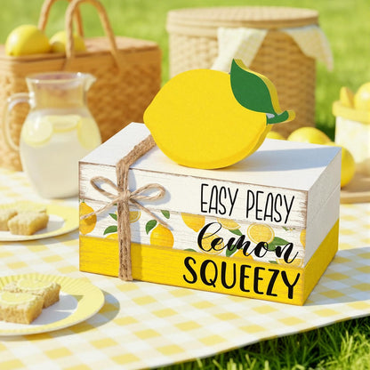 4 Pcs Lemon Book Stack Decor, Wooden Faux Books for Home Table Centerpiece, Lemon-themed Kitchen Tiered Tray Decorations, Rustic Farmhouse Summer Lemon Decor for Living Room & Dining Table