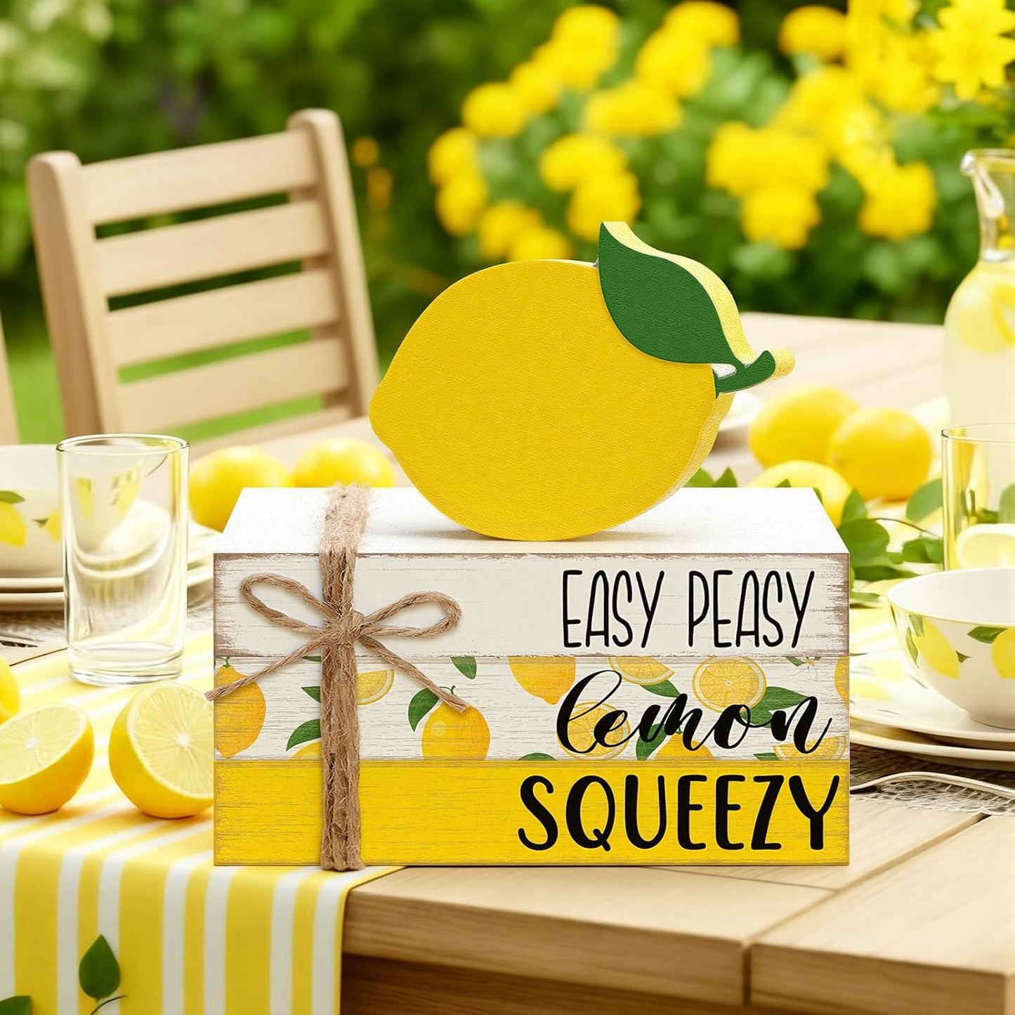 4 Pcs Lemon Book Stack Decor, Wooden Faux Books for Home Table Centerpiece, Lemon-themed Kitchen Tiered Tray Decorations, Rustic Farmhouse Summer Lemon Decor for Living Room & Dining Table
