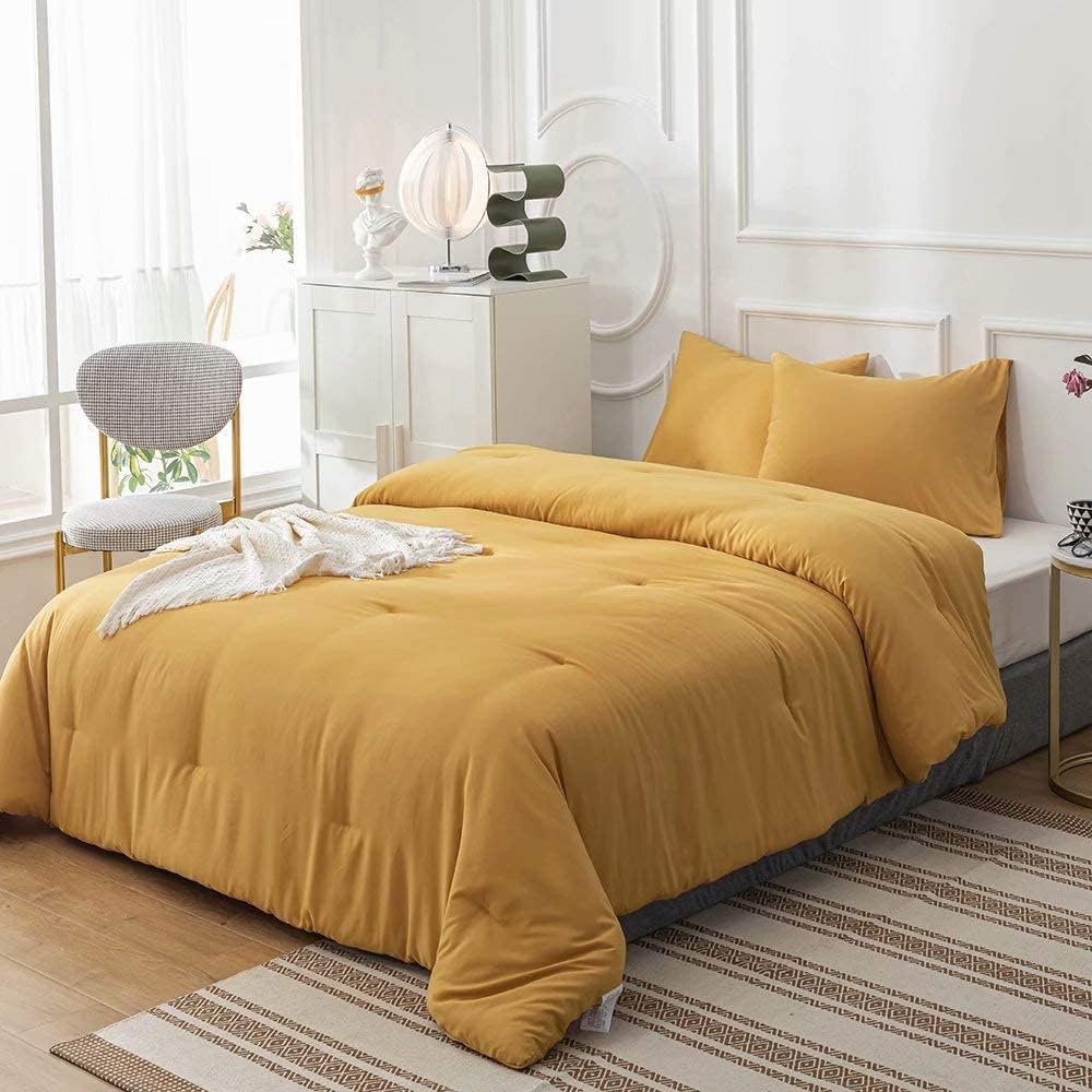 Cottonight Mustard Yellow Comforter Sets Full Dark Yellow Comforter Full Lightweight Cozy Mustard Bedding Comforter Sets with Inner Fill Soft Comfy Women Men