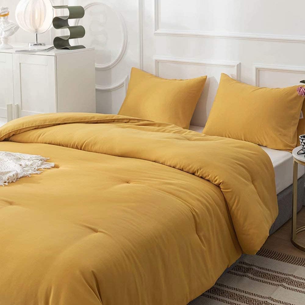 Cottonight Mustard Yellow Comforter Sets Full Dark Yellow Comforter Full Lightweight Cozy Mustard Bedding Comforter Sets with Inner Fill Soft Comfy Women Men