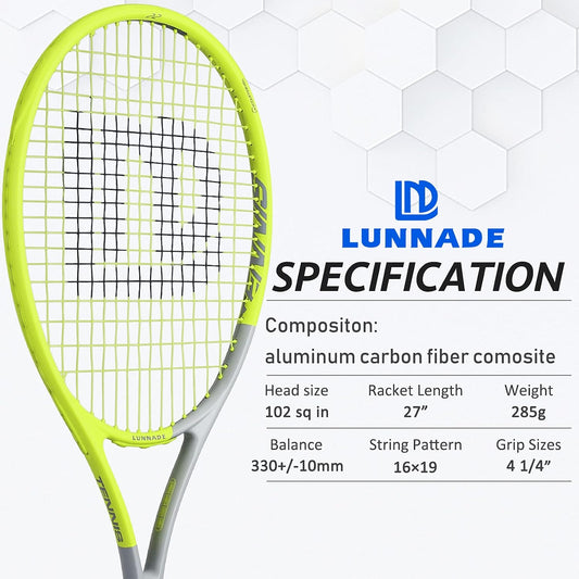 Adults Tennis Racket 27 Inch, Shockproof Carbon Fiber Tennis Racquet Light-Weight, Pre-Strung and Regrip, Suitable for Beginners to Intermediate Players