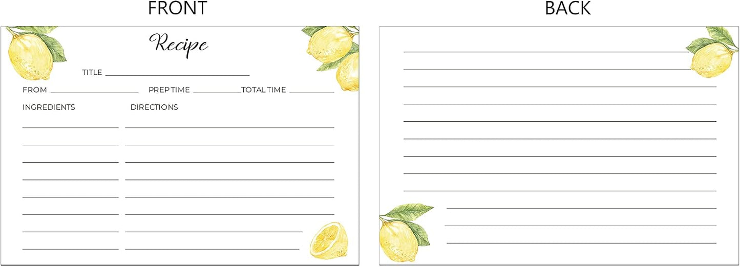 Lemon Recipe Cards 4x6 Double Sided - Set Of 50 Thick Recipe Cards
