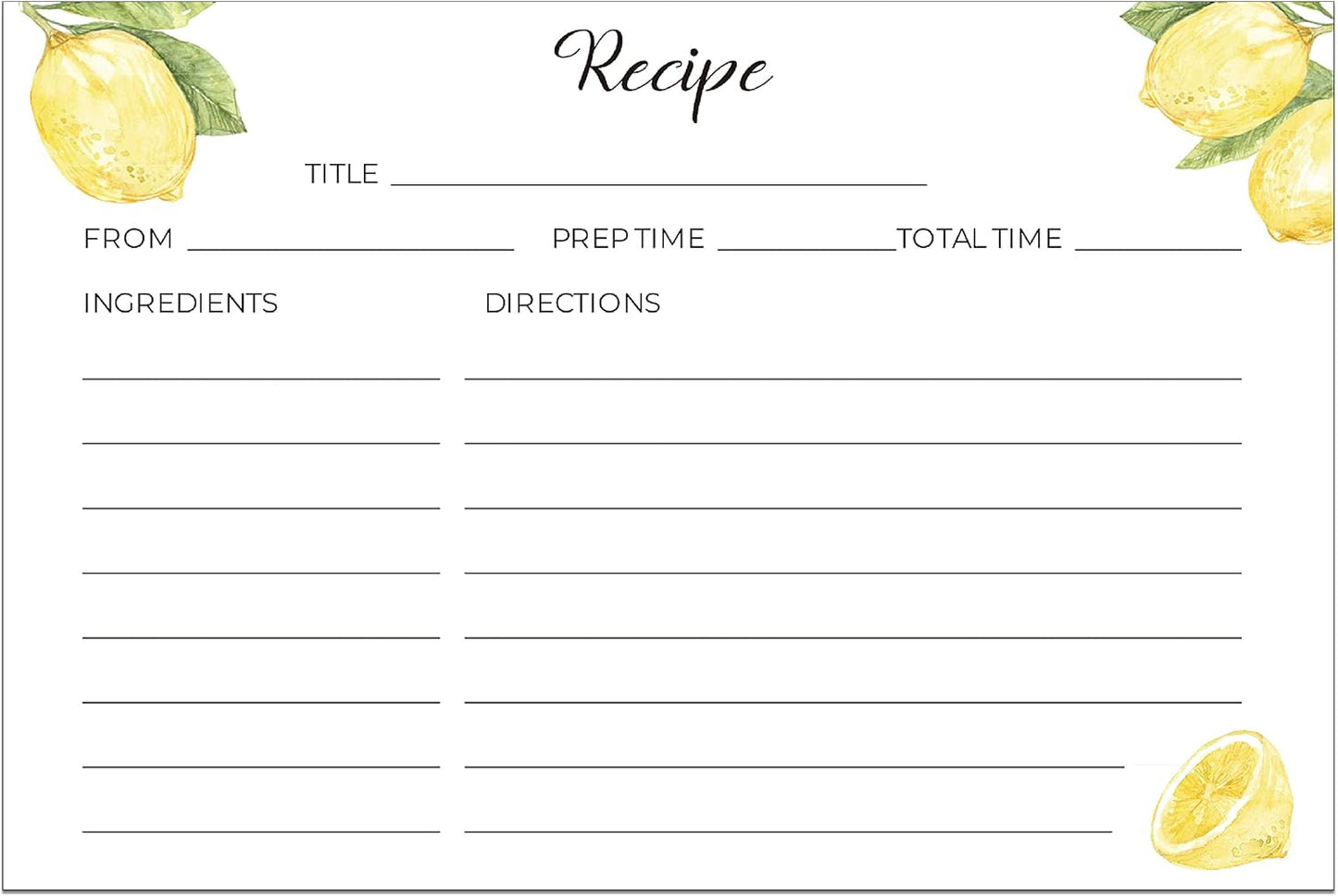 Lemon Recipe Cards 4x6 Double Sided - Set Of 50 Thick Recipe Cards