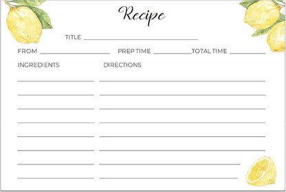 Lemon Recipe Cards 4x6 Double Sided - Set Of 50 Thick Recipe Cards
