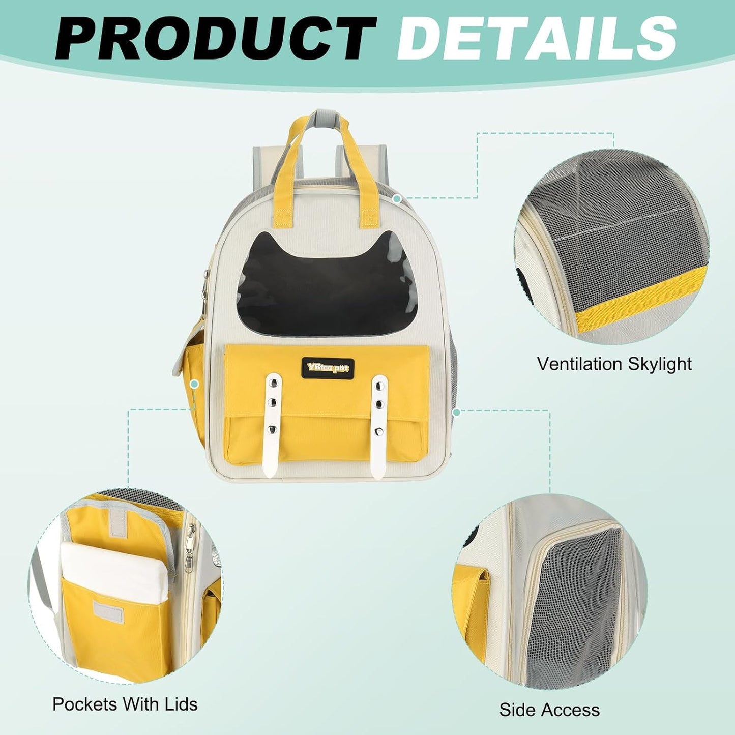 Cat Backpack Carrier, Breathable Pet Hiking Backpack Travel Bag Pet Supplies for Cats or Small Dogs Puppies, Intended for Hiking/Camping/Traveling (Yellow, 12"x8"x14")