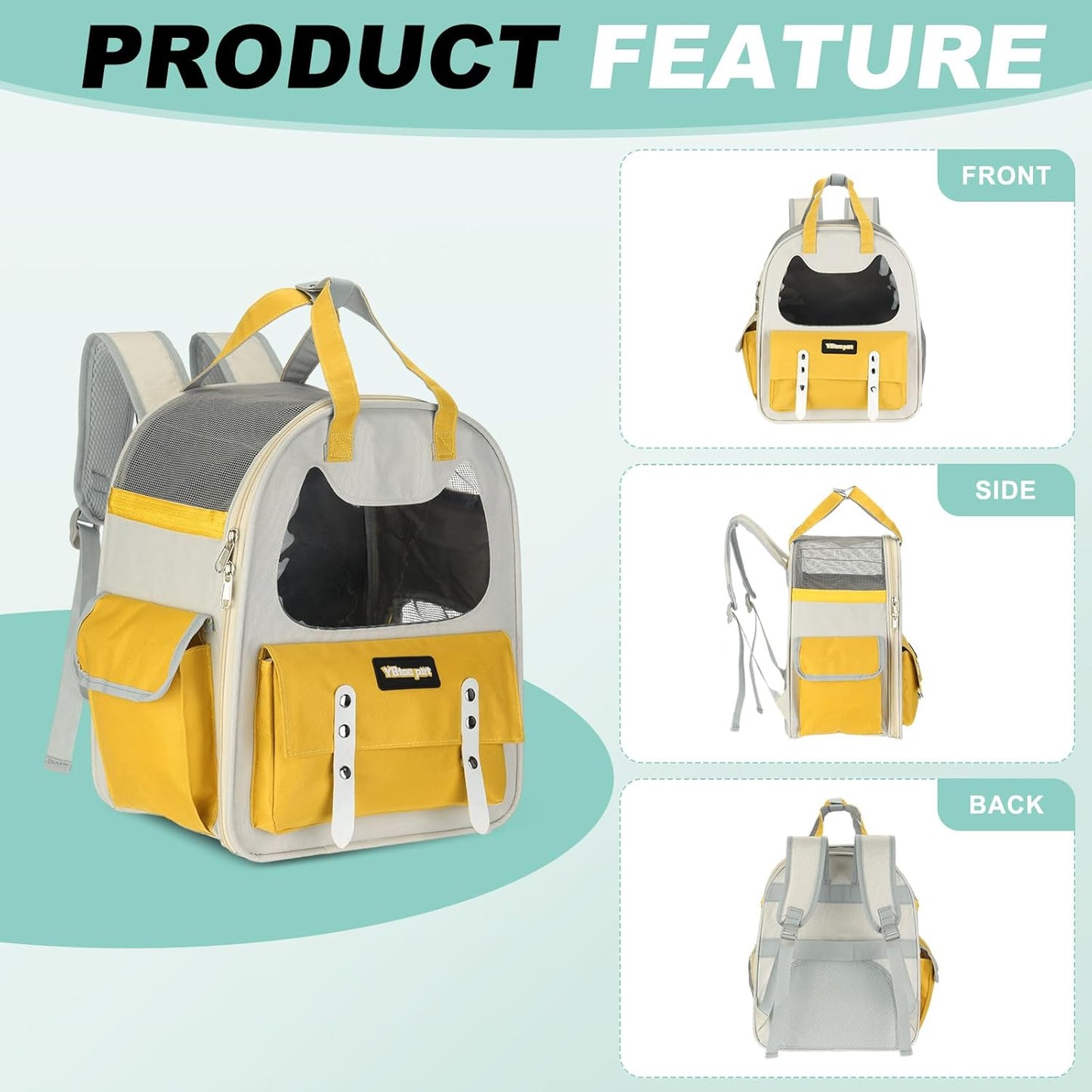 Cat Backpack Carrier, Breathable Pet Hiking Backpack Travel Bag Pet Supplies for Cats or Small Dogs Puppies, Intended for Hiking/Camping/Traveling (Yellow, 12"x8"x14")