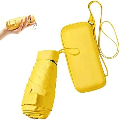 Mini Sun Umbrella for Purse With Case,Yellow | Small Compact UV Umbrella Travel Essentials, Lightweight Portable Parasol Windproof for Women Men Kids